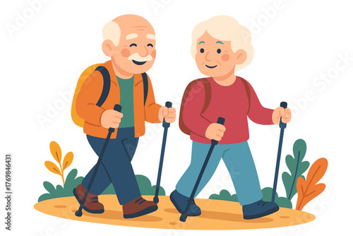 Elderly couple hiking together in nature with trekking poles seniors on walking trail 