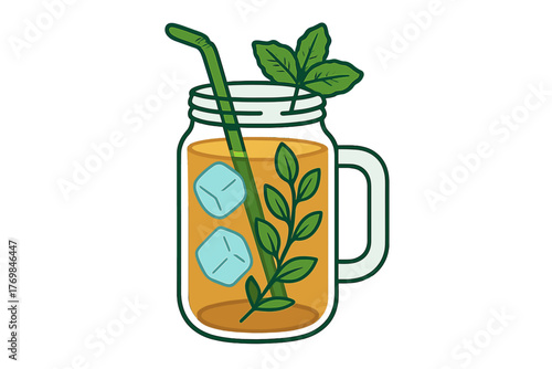 Iced tea in a mason jar with mint leaves and ice cubes iced herbal infusion