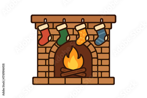 Cozy fireplace with colorful Christmas stockings hanging above fireplace with Christmas socks
