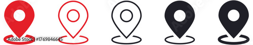 Location pin icon set in red and black outline and solid styles. for maps, navigation, GPS, travel apps, geolocation, and modern web or mobile interface designs