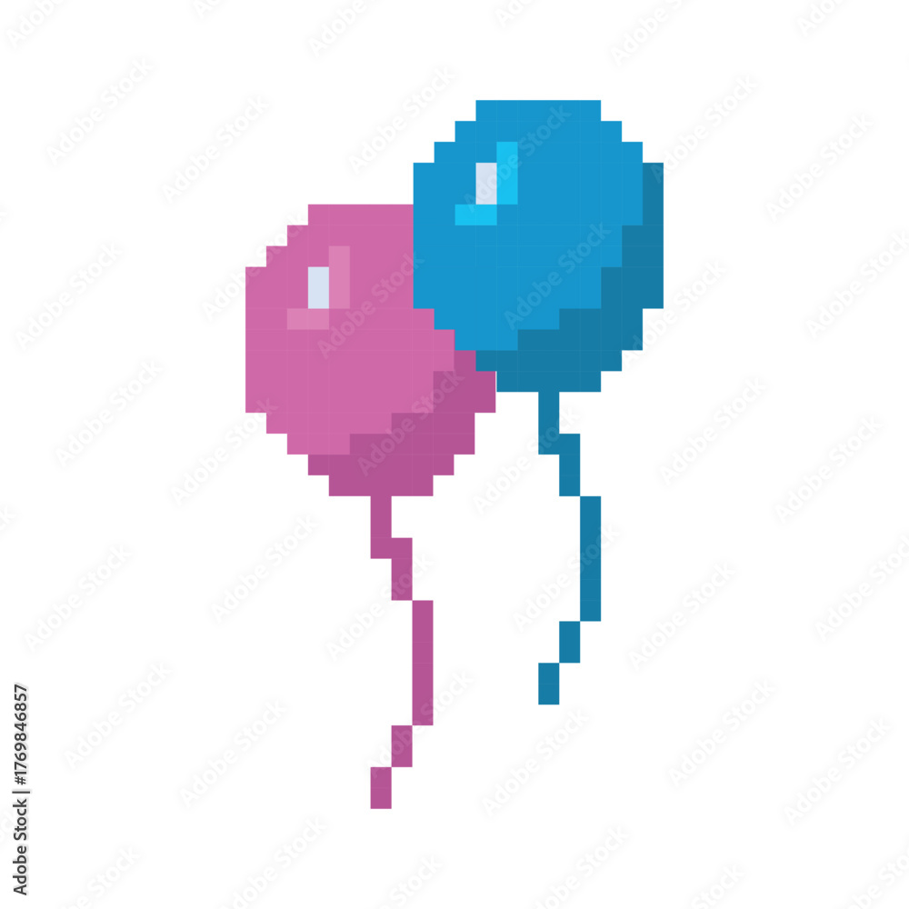 Obraz premium Pixel art pink and blue ballons. Vector illustration. Colorful balloons isolated on white