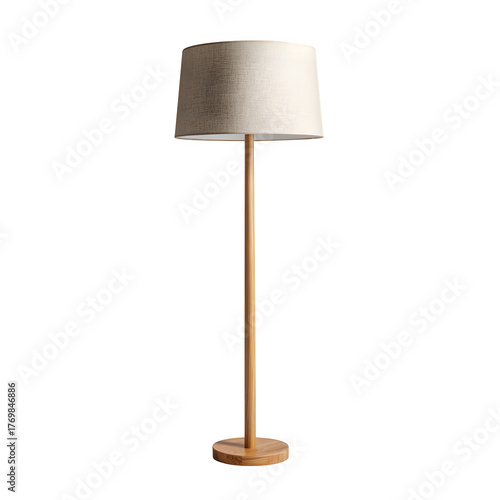 Modern floor lamp with beige fabric drum shade and wooden stand, minimalist home lighting fixture isolated on white background, PNG cutout