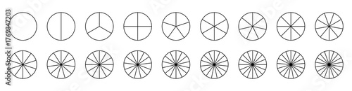 Parts of diagram wheel from 1 to 18. Pie chart template. Coaching blank. Segmented charts. Sectors divide the circle on equal parts. Outline black graphics. Pie charts, pizza charts set. Segments.