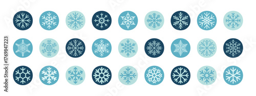 Round blue and navy label set with snow flake and snowflake icon in outline. Winter decoration for package seal, circle xmas design with simple modern style.