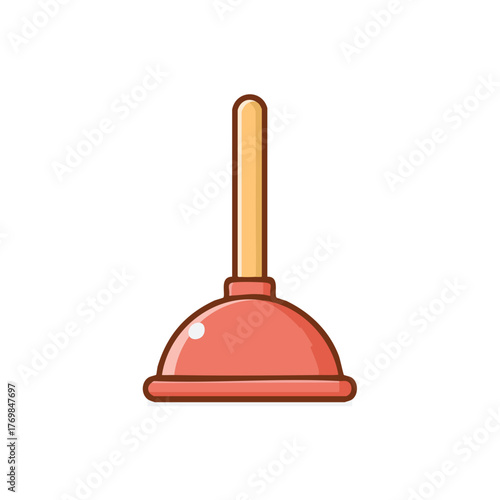 An illustration of a classic plunger with wooden handle. It's a useful tool for unclogging drains and sinks.
