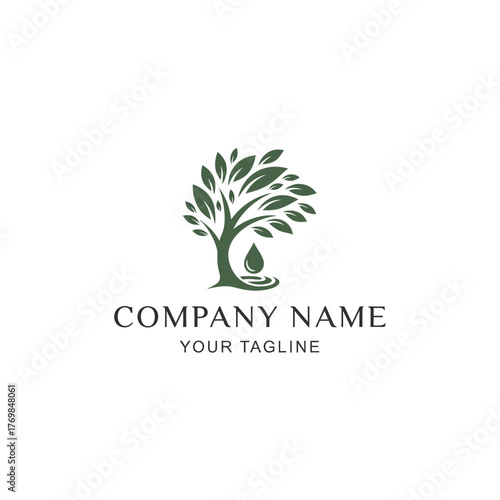 Elegant tree logo with a single falling drop of oil or water.
