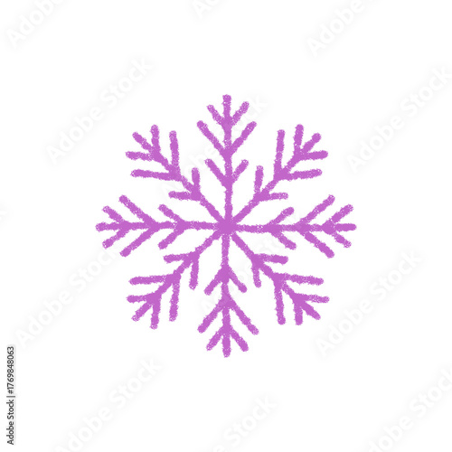 Purple snow flake icon symbol in chalk style, with icy crystal element and frost winter decoration. This cold xmas motif suits seasonal ornament themes, bringing elegant festive detail to holiday