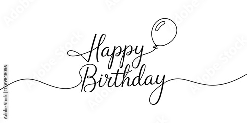 Minimalist one line drawing featuring the phrase Happy Birthday with a balloon, perfect for greeting cards, invitations, and festive designs.