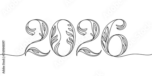 Elegant one line drawing of the number 2026 decorated with leaf patterns, perfect for eco-themed New Year cards and creative designs.