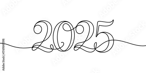 Minimalist one line drawing of the number 2025 in elegant calligraphy, perfect for New Year greeting cards or festive designs.

