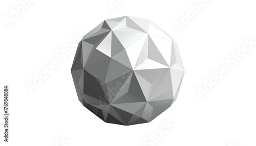 A low-poly 3D sphere with varied grayscale triangular facets, isolated against a stark black background