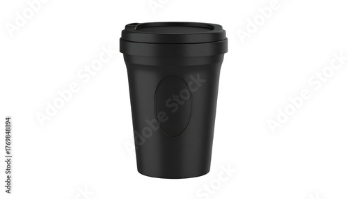 Black travel mug with a lid, on a black background. Simple design, good for mockups. Plain and minimalist
