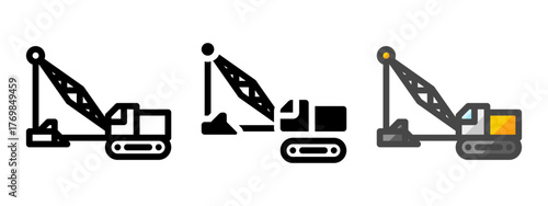 Multipurpose dragline excavator vector icon in outline, glyph, filled outline style. Three icon style variants in one pack.