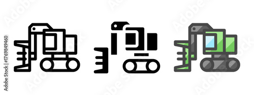 Multipurpose feller buncher vector icon in outline, glyph, filled outline style. Three icon style variants in one pack.