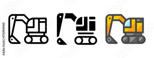 Multipurpose excavator vector icon in outline, glyph, filled outline style. Three icon style variants in one pack.