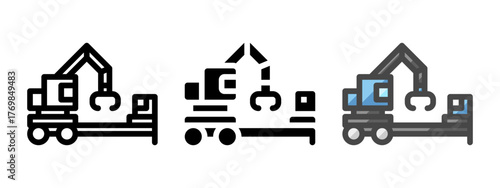 Multipurpose knuckleboom loader vector icon in outline, glyph, filled outline style. Three icon style variants in one pack.