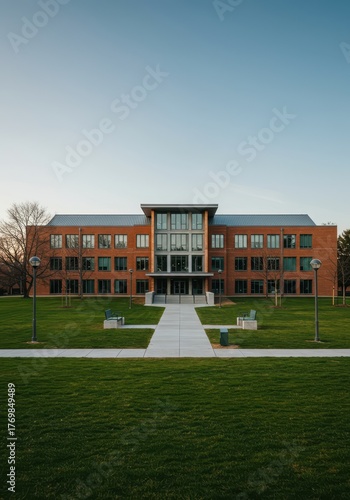 Modern academic facility standing amidst expansive, well-maintained green campus grounds, showcasing sustainable design and higher education environment ,architecture ,green ,sustainable