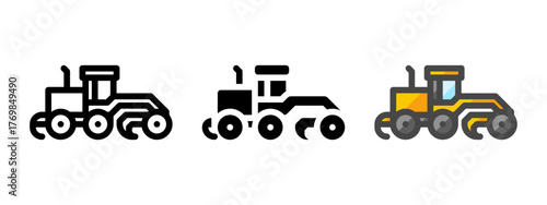 Multipurpose motor grader vector icon in outline, glyph, filled outline style. Three icon style variants in one pack.