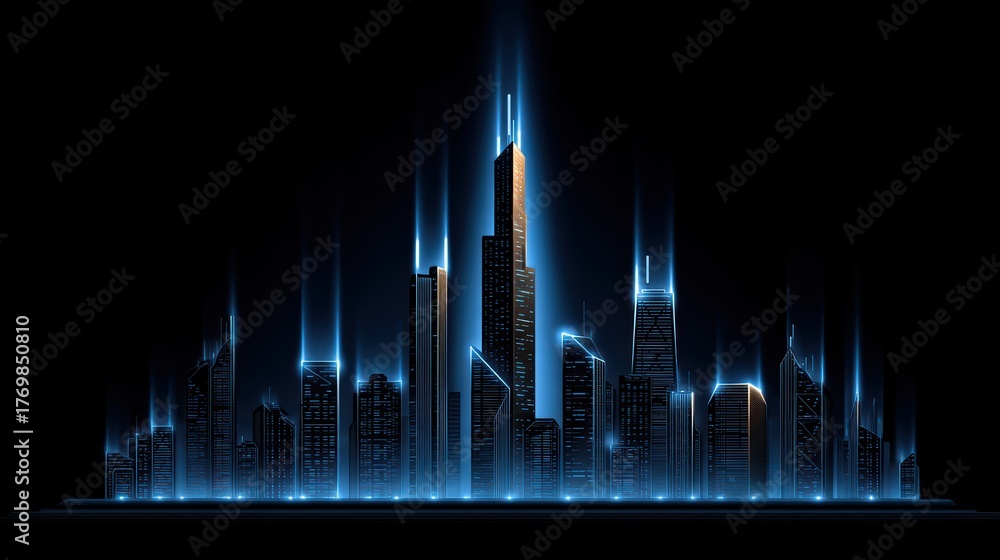 Fototapeta premium Futuristic Cityscape, Neon Buildings, Urban Skyline Glow