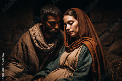 Maria Pregnant in the Manger seated silently with Joseph in peaceful reflection wrapped in earth tones waiting for the child
