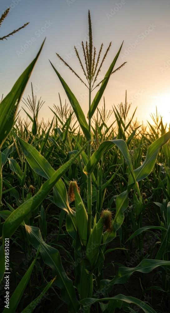 Fototapeta premium Lush green corn stalks growing in a fertile agricultural garden bathed in the warm, golden light of the setting sun at dusk ,golden ,nature ,peaceful