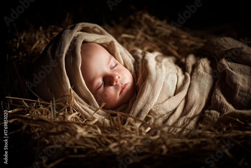 Newborn Jesus sleeping peacefully in soft beige cloth lies on straw under shadows in the quiet manger of Bethlehem