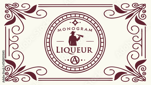 Vintage monogram liqueur label design vector graphic template for alcohol brand and product packaging design