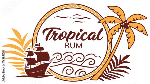 Tropical rum drink logo design with palm tree ship and ocean wave vector illustration for summer party 100