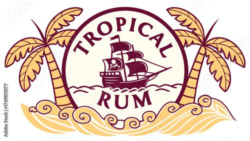 Tropical rum logo design with palm trees and sailing ship for alcohol beverage brand identity vector image