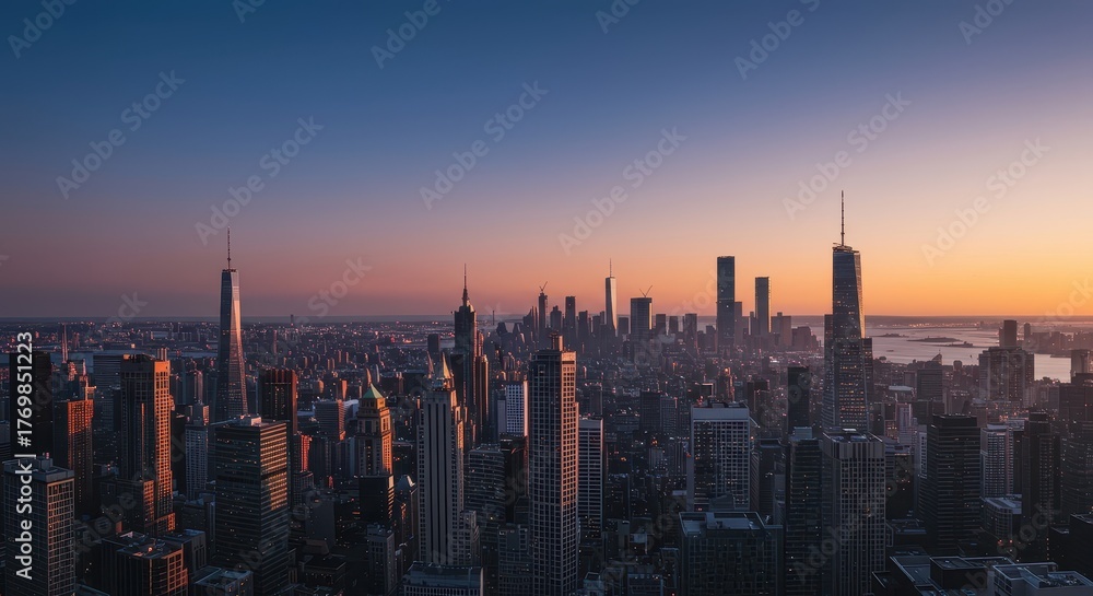 Fototapeta premium A breathtaking panoramic vista of towering skyscrapers defining a vast, modern metropolitan skyline at sunset ,view ,construction ,skyscraper