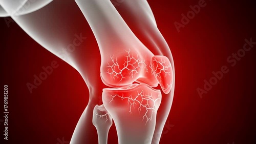 Knee Joint with Inflammation Highlighted in Red Medical illustration showing pain and inflammation in the knee joint concept of arthritis, injury, and orthopedics