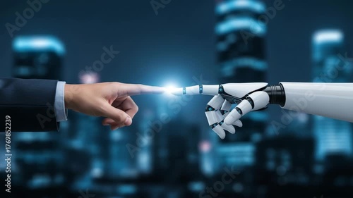 Human and Robot Hands Reaching Toward Each Other symbolizing artificial intelligence, collaboration, and technology-human interaction