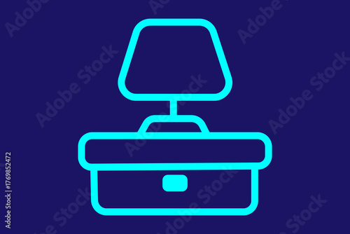 The image shows a blue outline icon of a table lamp placed on a nightstand or bedside table, set against a dark blue background