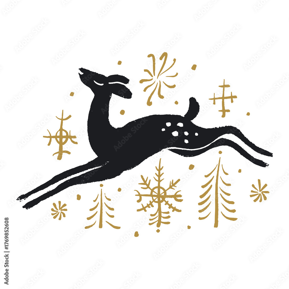 Fototapeta premium Festive folk reindeer baby fawn with golden snowflakes Scandinavian illustration, Christmas tree evergreen brunches and snowflakes. Hand drawn Nordic forest drawing. Perfect for t-shirt print