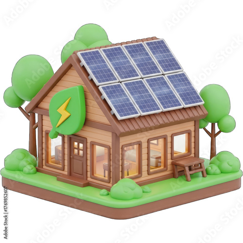 EcoFriendly House with Solar Panels and Green Energy Leaf Icon.
