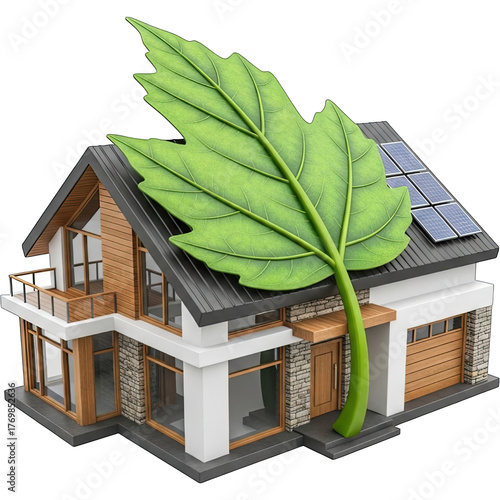 Ecofriendly house with solar panels and green leaf symbol.
