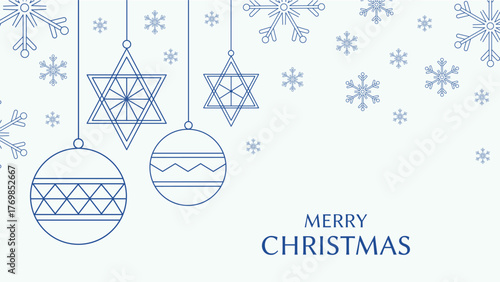 Blue snowflake christmas ornaments vector card, elegant hanging baubles merry xmas design.