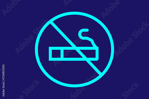 The image shows a blue outline icon of a cigarette inside a circle with a diagonal line crossing through it, set against a dark blue background.