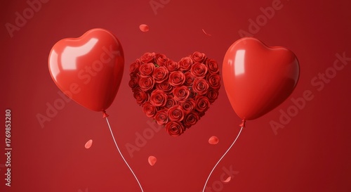 Trois ballons rouges et roses en forme de coeur flottent ensemble sur un fond uni. D?coration festive et romantique ,surprise ,uni ,vibrant
