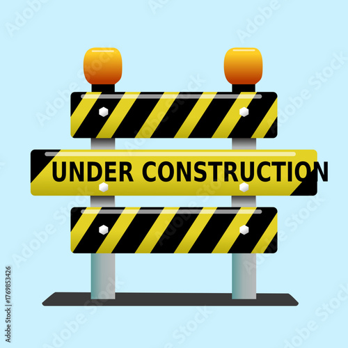 A vivid construction site icon featuring yellow and black striped barriers and warning lights, symbolizing roadwork, safety, and ongoing development. Ideal for project updates, maintenance notices, an