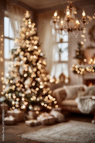 Cozy living room decorated for Christmas with a beautifully lit tree and presents on the floor