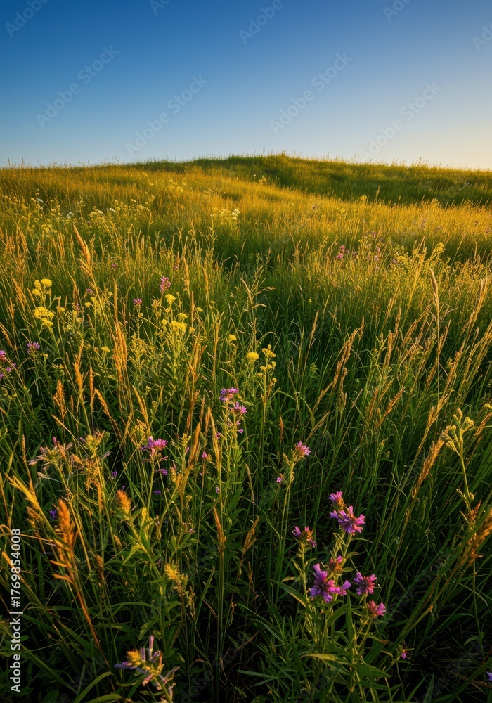 Obraz premium Golden light illuminates a vast expanse of blooming wildflowers and swaying tall green grasses on a gently rolling hill under a blue sky ,calm ,golden ,beautiful