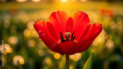 Close up of vibrant red tulip in a natural setting bathed in soft sunlight with blurred background