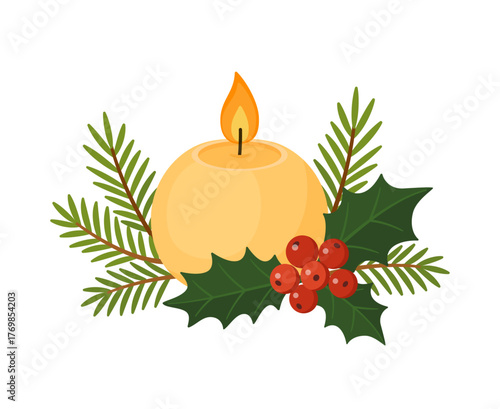 Christmas candle with pine branches, red berries, and a pine cone. Flat vector illustration. Perfect for holiday cards, winter decor, invitations, and festive design projects. Vector illustration