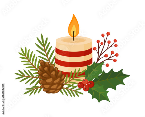 Christmas candle with pine branches, red berries, and a pine cone. Flat vector illustration. Perfect for holiday cards, winter decor, invitations, and festive design projects. Vector illustration
