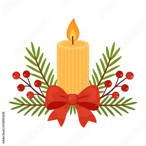 Christmas candle with pine branches, red berries, and a pine cone. Flat vector illustration. Perfect for holiday cards, winter decor, invitations, and festive design projects. Vector illustration