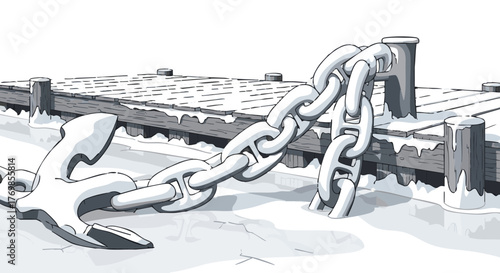 Snow-covered anchor chain resting on frozen pier in winter  