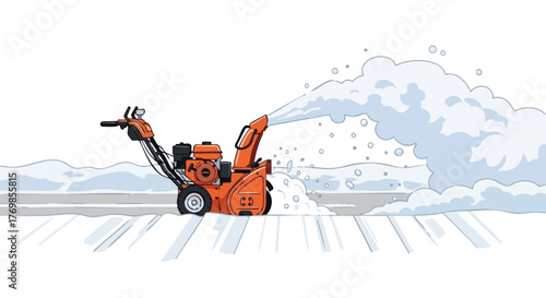 Powerful snowblower clearing deep snow from driveway in winter  