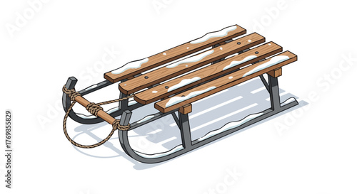 Antique wooden sled with light snow dusting during winter  