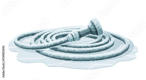 Frozen garden hose coiled on the ground with frost in winter  